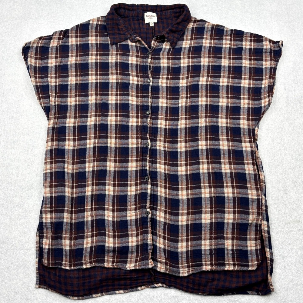 Hayden Los Angeles Womens 1XL Plaid Double Gauze Cotton Short Sleeve Shirt Top
